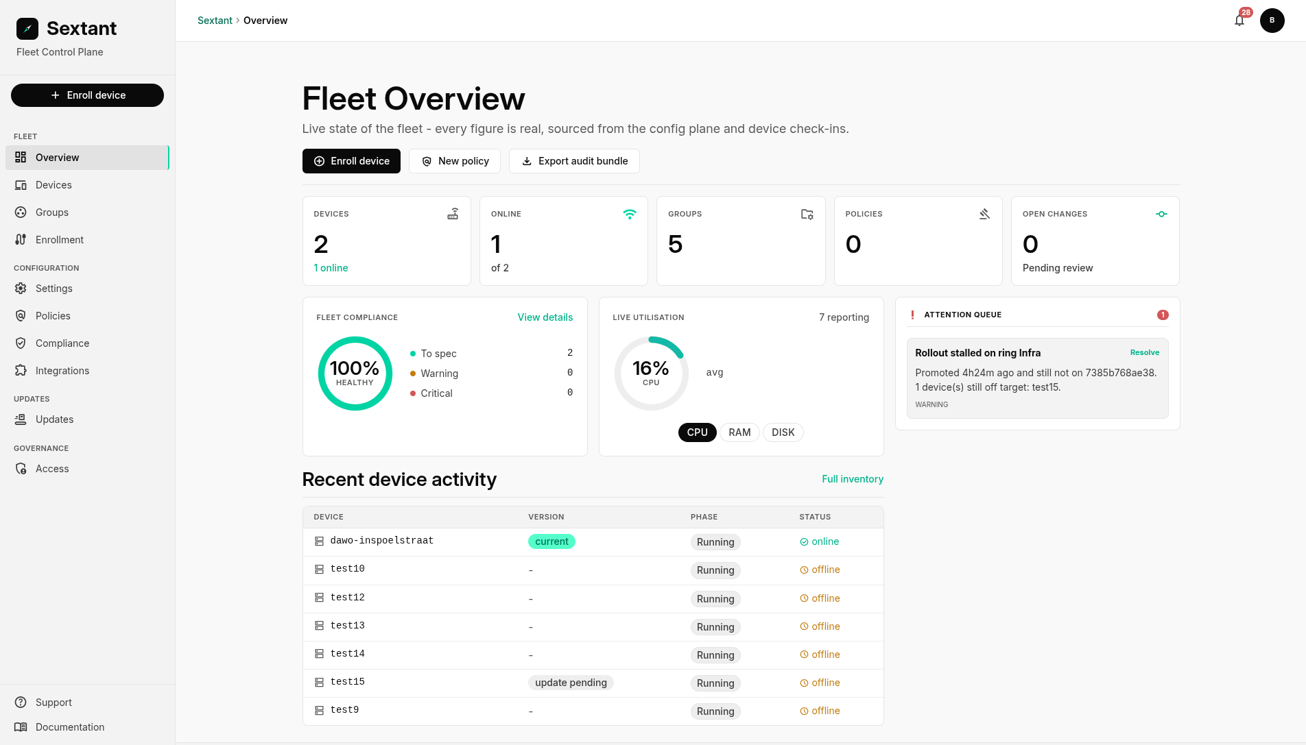 The Sextant console showing fleet health, compliance and recent device activity